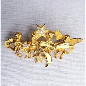 Vintage Kirks Folly Fairies Cherubs Stars Dragonfly Charm Brooch Aurora Borealis